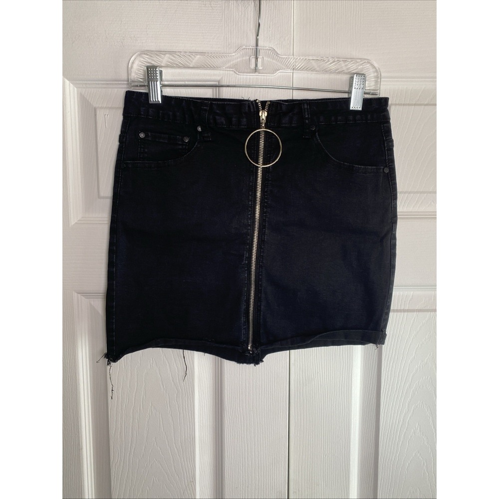 Monkey Ride Jeans O-Ring Zip Front Mini Skirt Womens Size M Black Denim Y2K‎